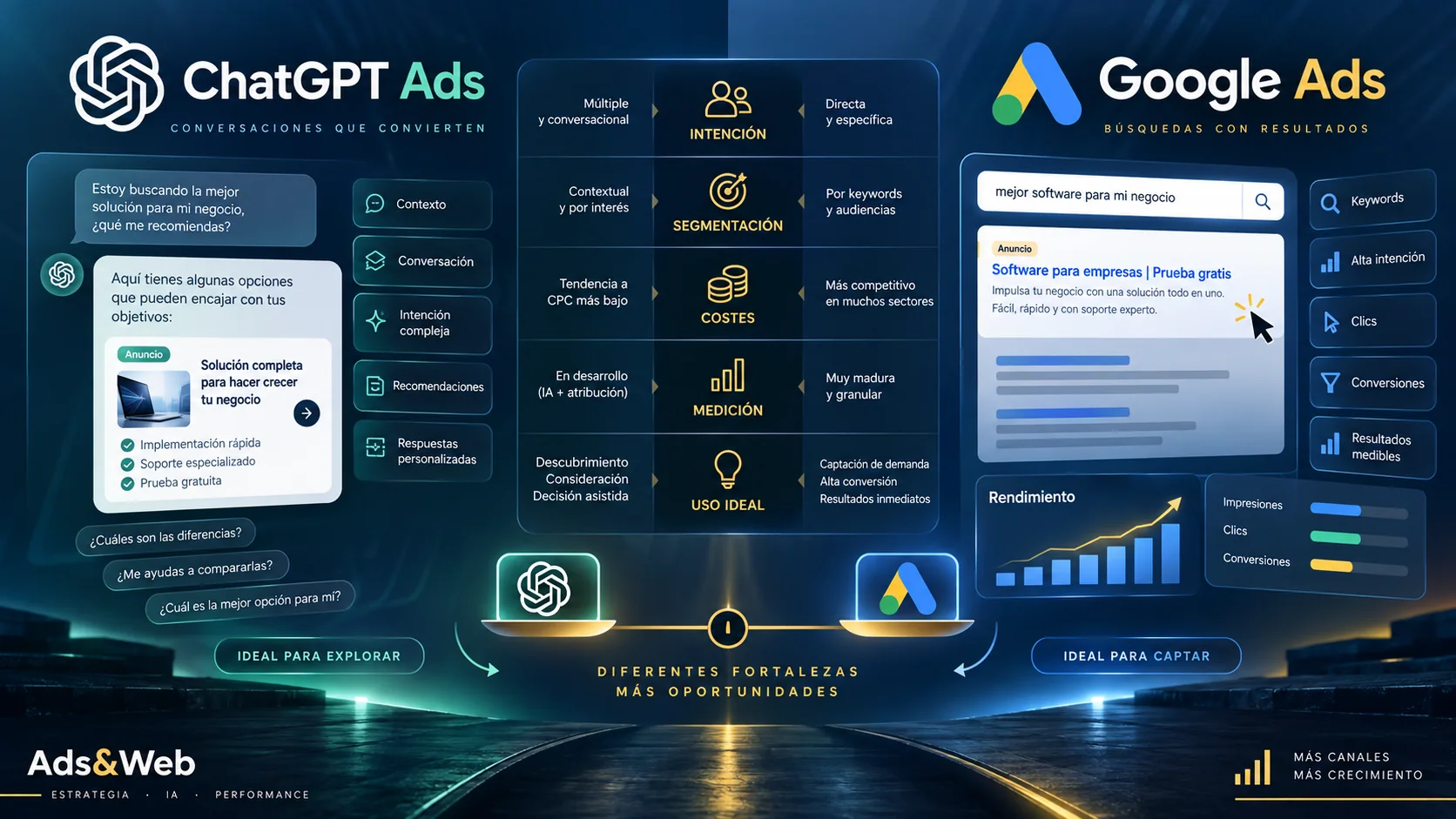 Comparativa visual entre ChatGPT Ads y Google Ads para empresas en 2026